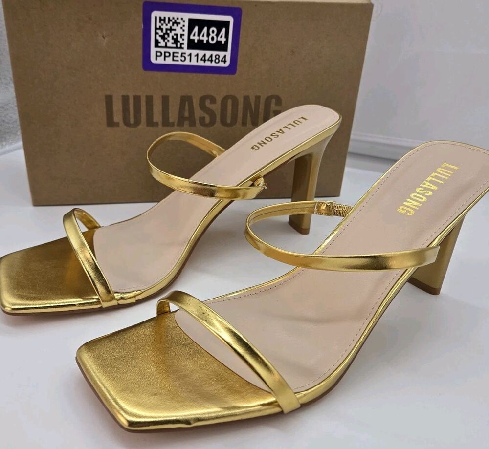Metallic Gold Block Chunky Slip On 3.5" Heel Square Open Toe Lullasong NEW Sz 11